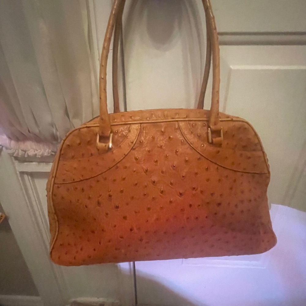 Holt Renfrew Faux Ostrich Caramel shoulder bag- mini bowling bag style
